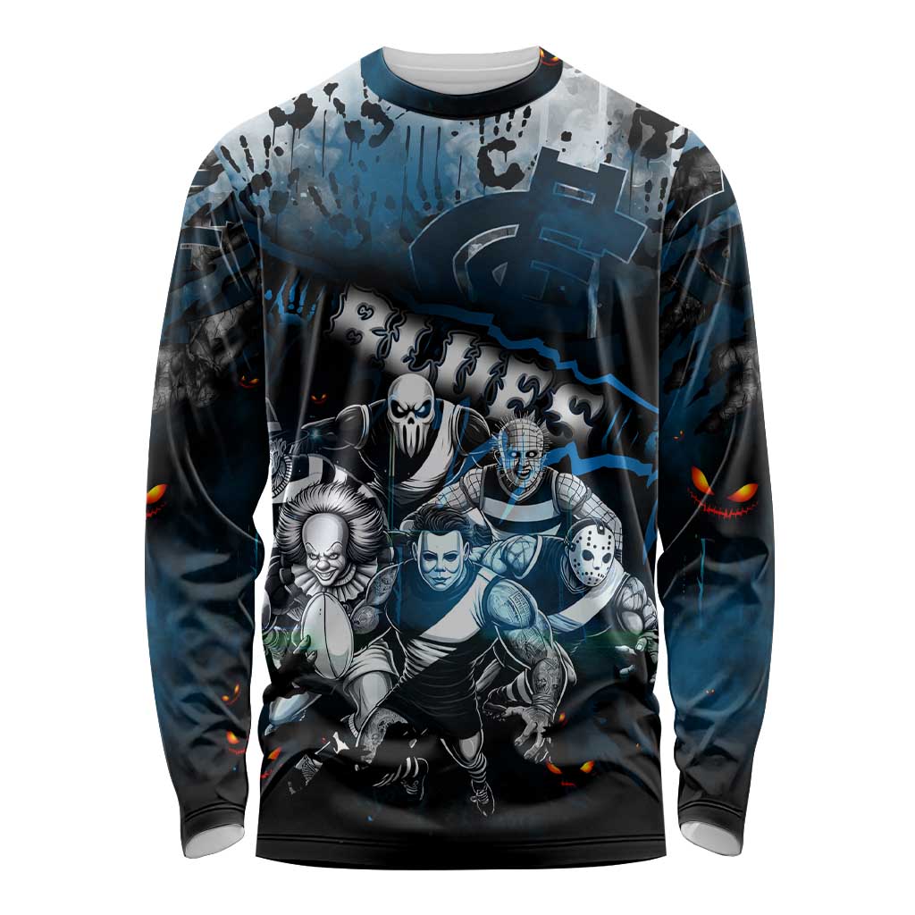 Step Into Horror Domain Blues Football Long Sleeve Shirt Halloween Horror Movie Characters - Aussie Hoodie