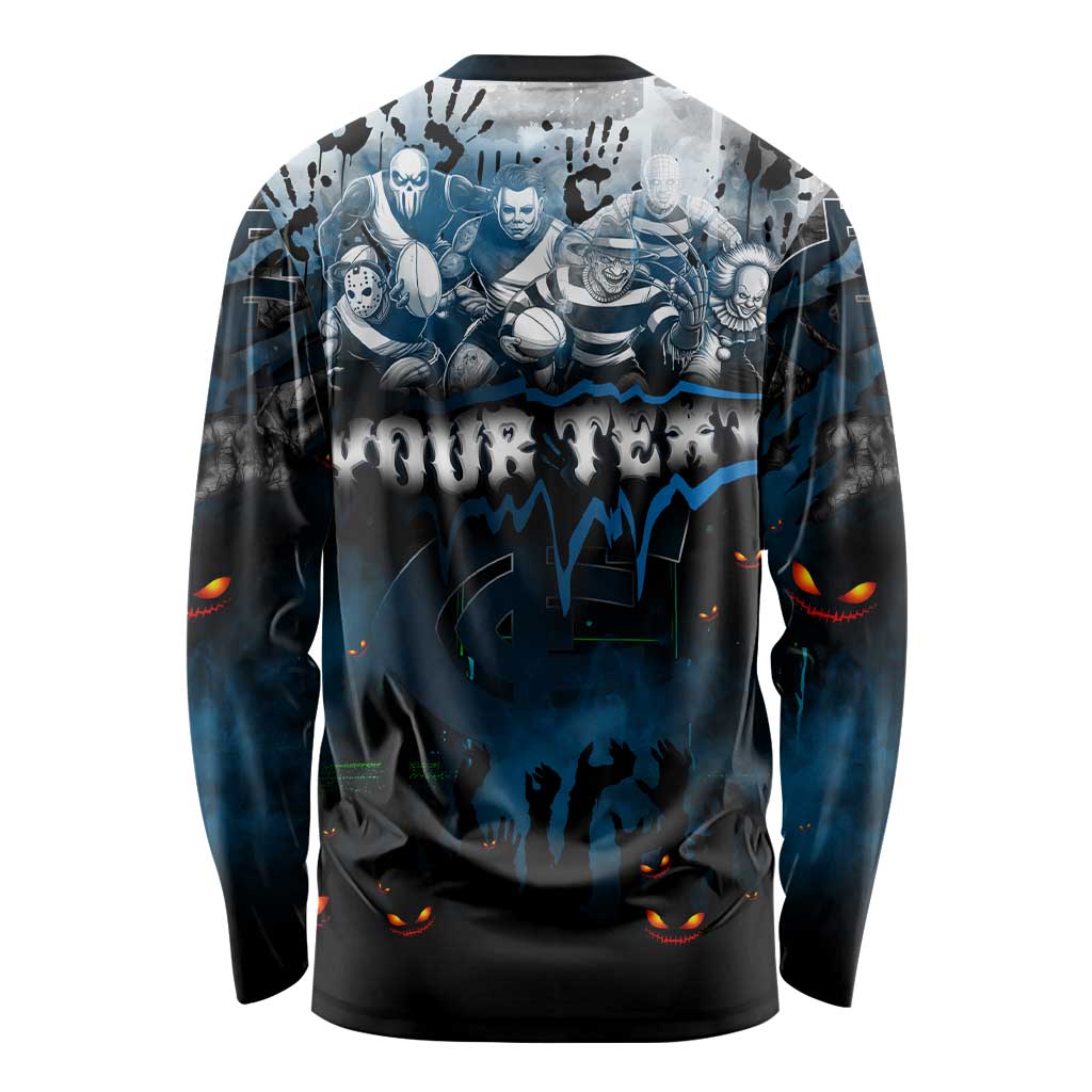 Step Into Horror Domain Blues Football Long Sleeve Shirt Halloween Horror Movie Characters - Aussie Hoodie