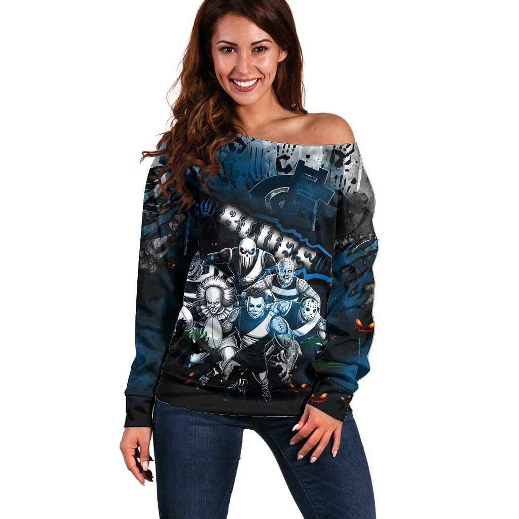 Step Into Horror Domain Blues Football Off Shoulder Sweater Halloween Horror Movie Characters - Aussie Hoodie