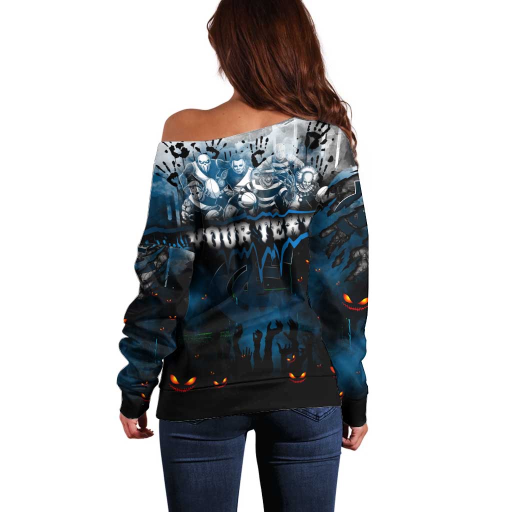 Step Into Horror Domain Blues Football Off Shoulder Sweater Halloween Horror Movie Characters - Aussie Hoodie