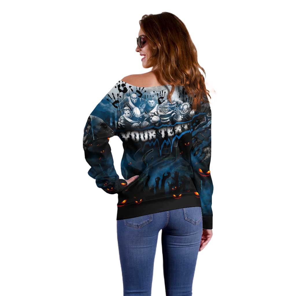 Step Into Horror Domain Blues Football Off Shoulder Sweater Halloween Horror Movie Characters - Aussie Hoodie