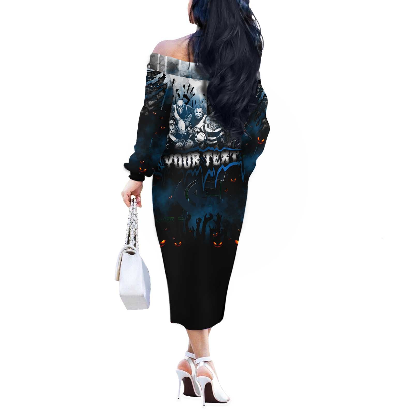 Step Into Horror Domain Blues Football Off The Shoulder Long Sleeve Dress Halloween Horror Movie Characters - Aussie Hoodie