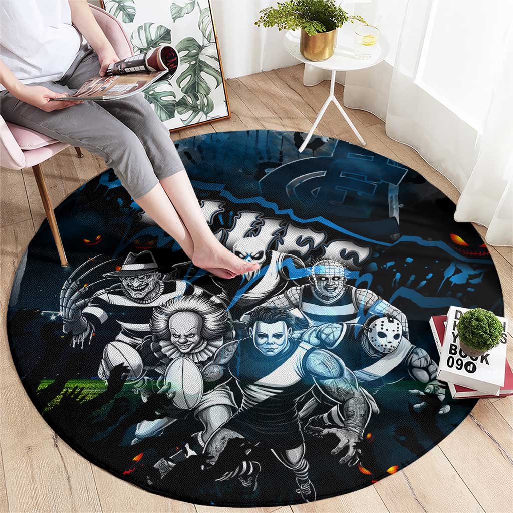Step Into Horror Domain Blues Football Round Carpet Halloween Horror Movie Characters - Aussie Hoodie