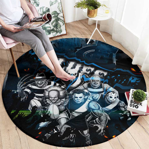 Step Into Horror Domain Blues Football Round Carpet Halloween Horror Movie Characters - Aussie Hoodie