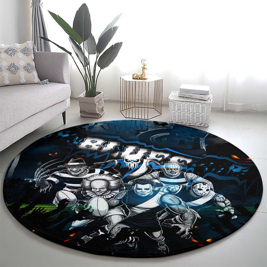 Step Into Horror Domain Blues Football Round Carpet Halloween Horror Movie Characters - Aussie Hoodie