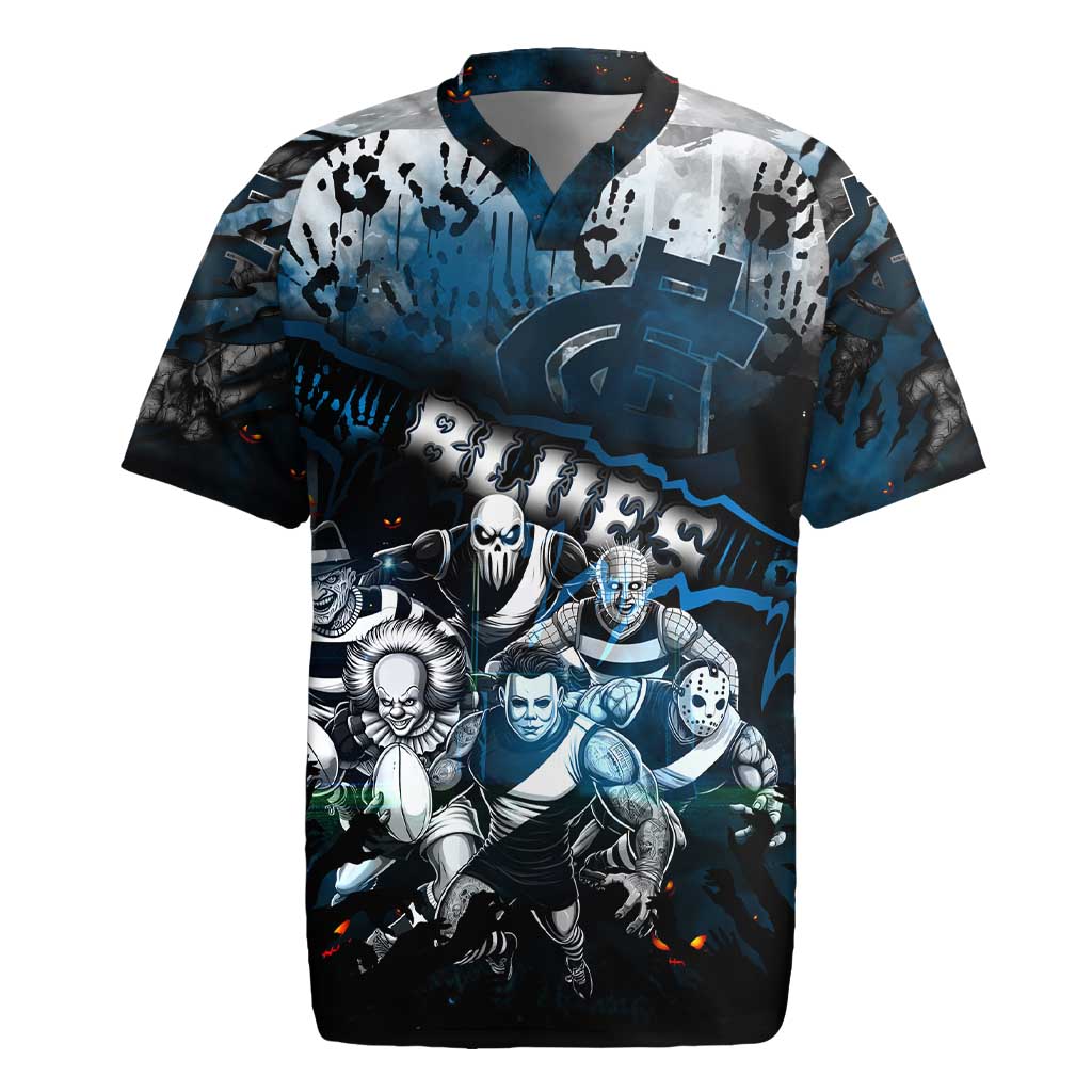 Step Into Horror Domain Blues Football Rugby Jersey Halloween Horror Movie Characters - Aussie Hoodie