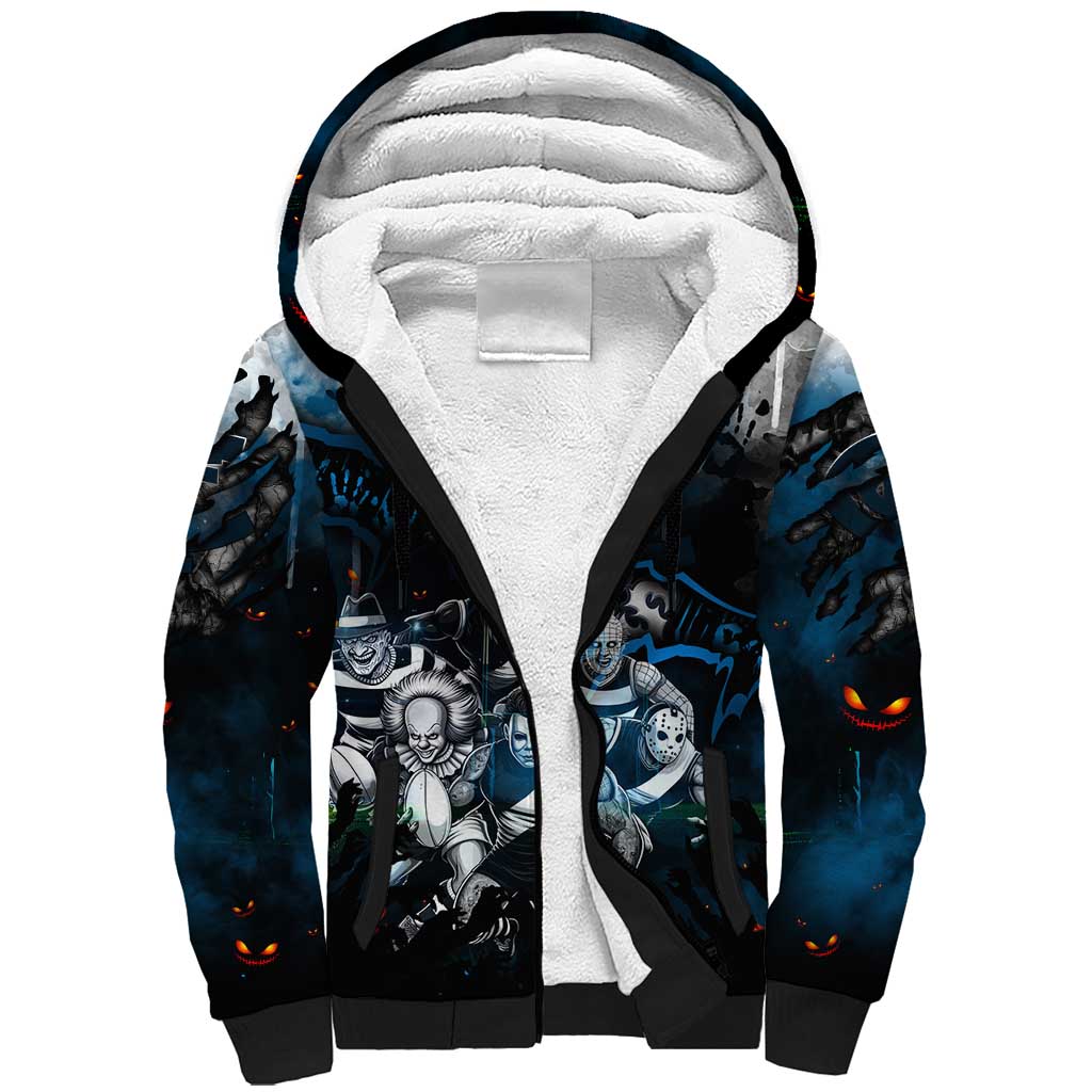 Step Into Horror Domain Blues Football Sherpa Hoodie Halloween Horror Movie Characters - Aussie Hoodie