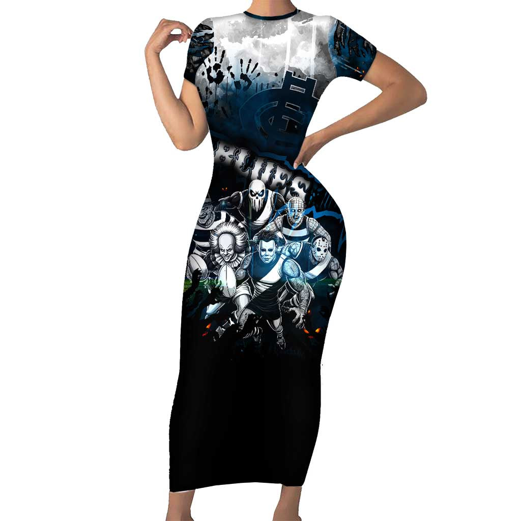 Step Into Horror Domain Blues Football Short Sleeve Bodycon Dress Halloween Horror Movie Characters - Aussie Hoodie