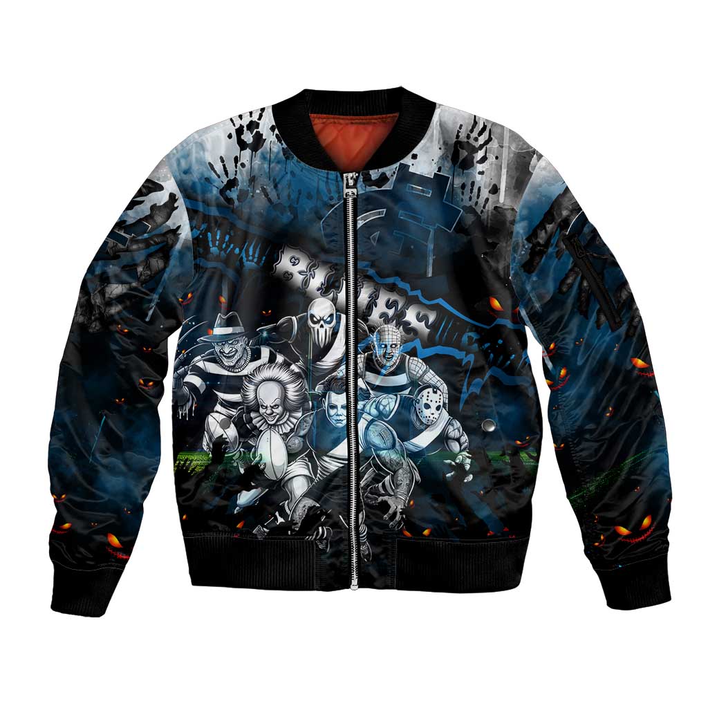 Step Into Horror Domain Blues Football Sleeve Zip Bomber Jacket Halloween Horror Movie Characters - Aussie Hoodie