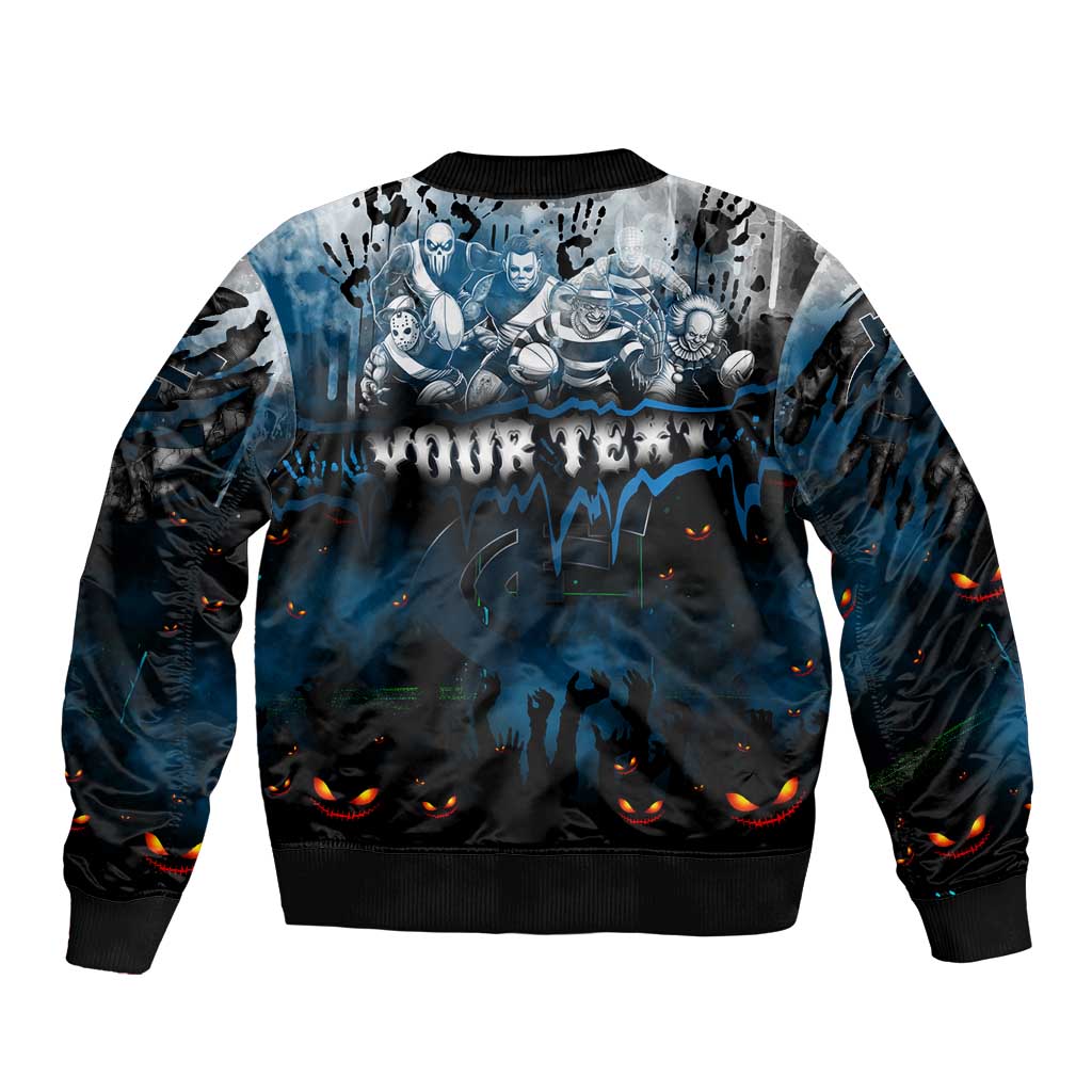 Step Into Horror Domain Blues Football Sleeve Zip Bomber Jacket Halloween Horror Movie Characters - Aussie Hoodie