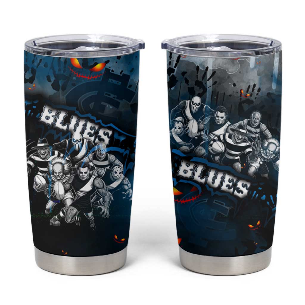 Step Into Horror Domain Blues Football Tumbler Cup Halloween Horror Movie Characters - Aussie Hoodie