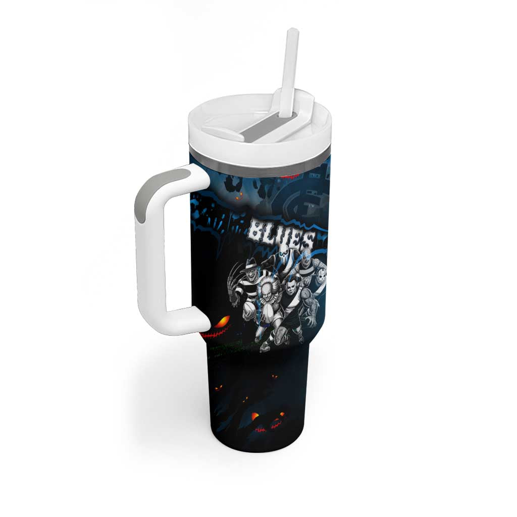 Step Into Horror Domain Blues Football Tumbler With Handle Halloween Horror Movie Characters - Aussie Hoodie