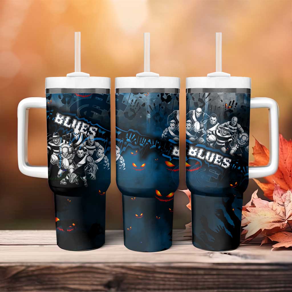 Step Into Horror Domain Blues Football Tumbler With Handle Halloween Horror Movie Characters - Aussie Hoodie