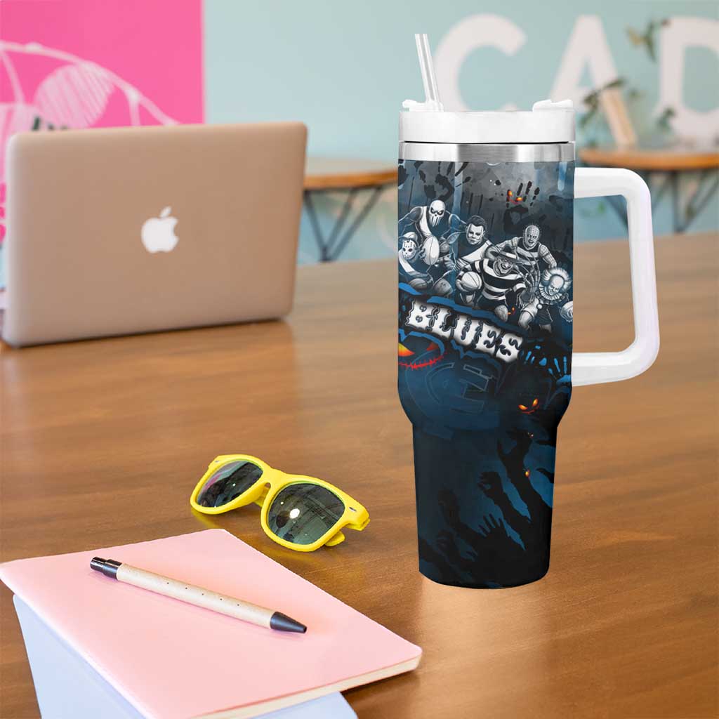 Step Into Horror Domain Blues Football Tumbler With Handle Halloween Horror Movie Characters - Aussie Hoodie