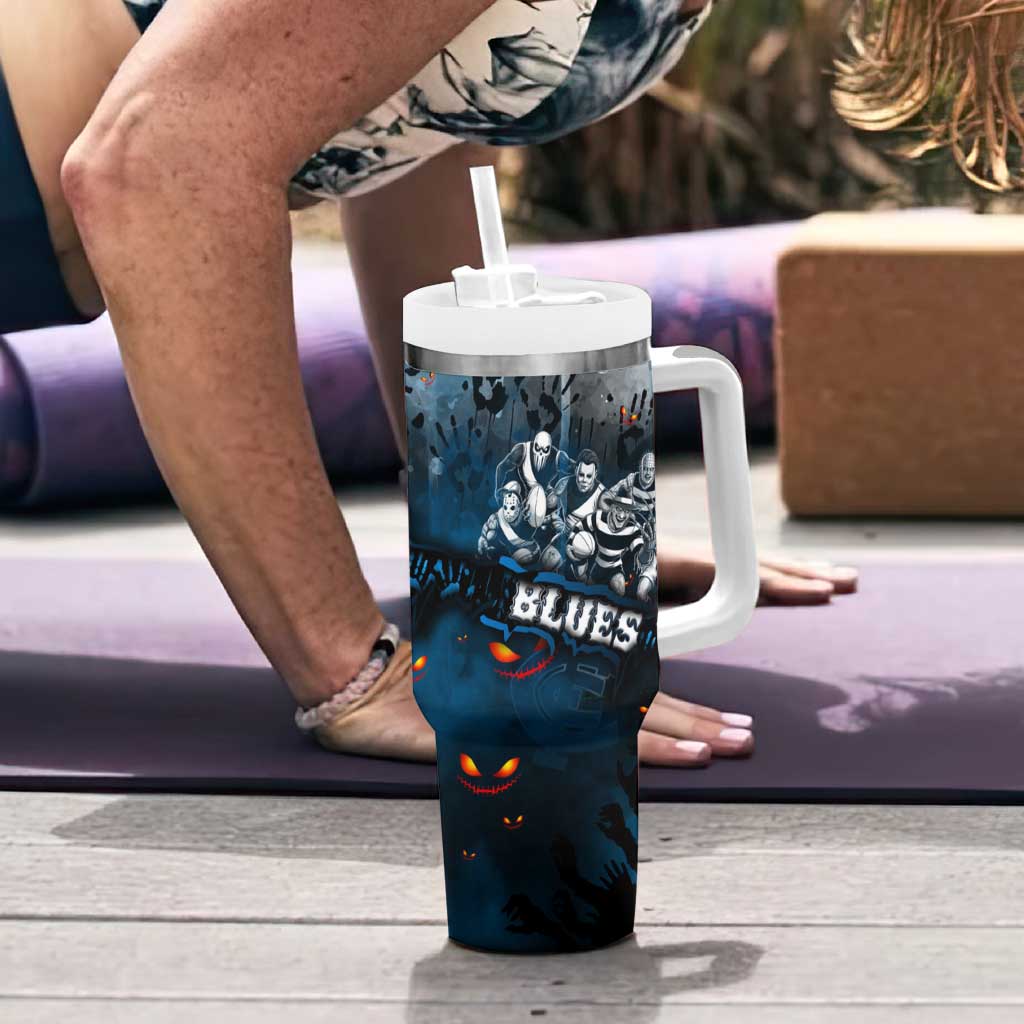 Step Into Horror Domain Blues Football Tumbler With Handle Halloween Horror Movie Characters - Aussie Hoodie