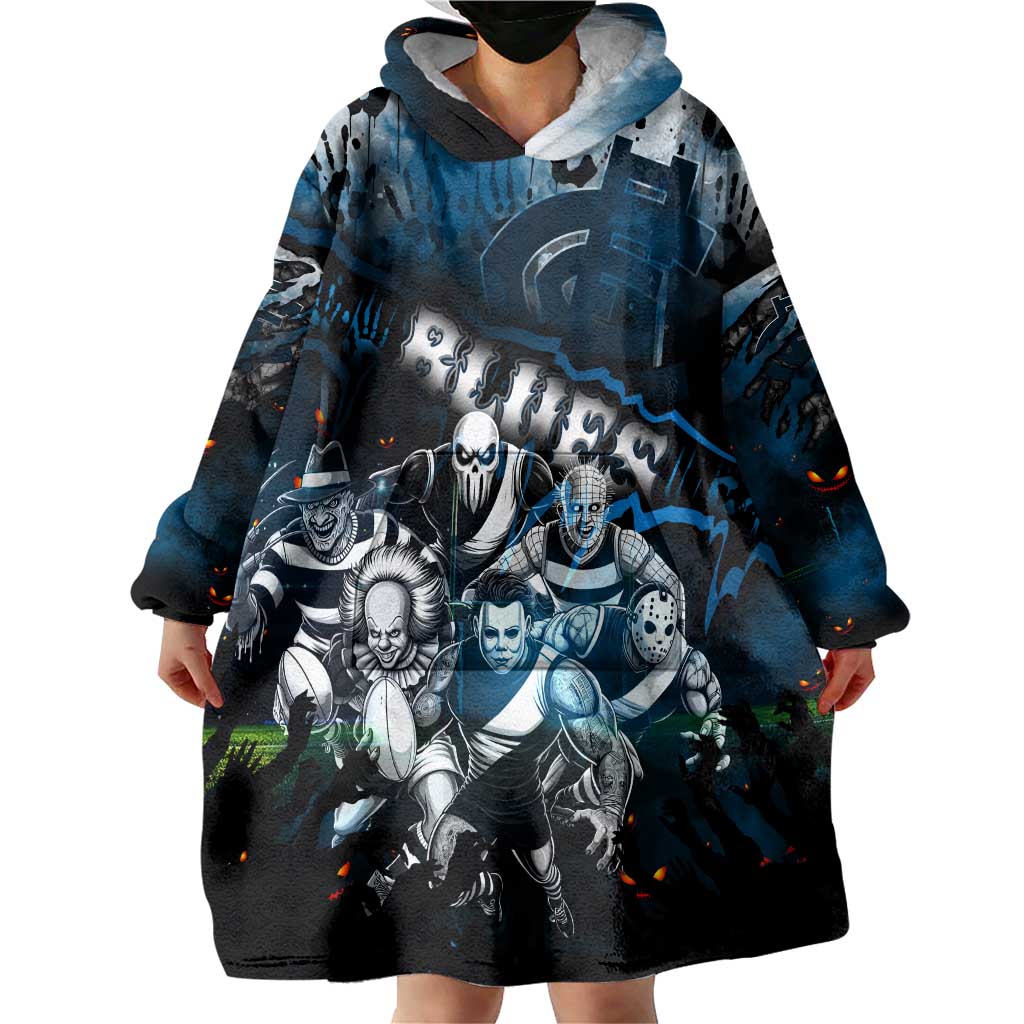 Step Into Horror Domain Blues Football Wearable Blanket Hoodie Halloween Horror Movie Characters - Aussie Hoodie