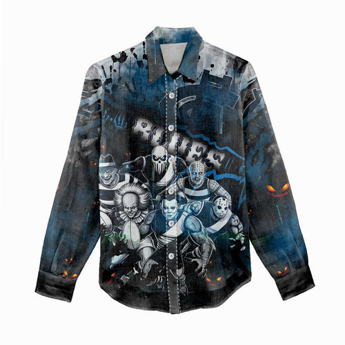Step Into Horror Domain Blues Football Women Casual Shirt Halloween Horror Movie Characters - Aussie Hoodie