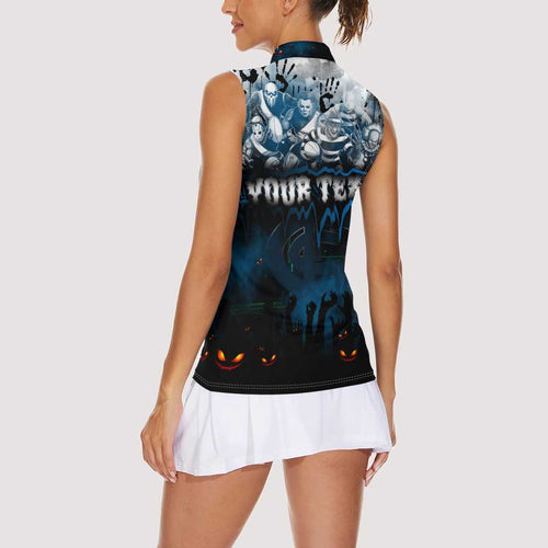 Step Into Horror Domain Blues Football Women Sleeveless Polo Shirt Halloween Horror Movie Characters - Aussie Hoodie