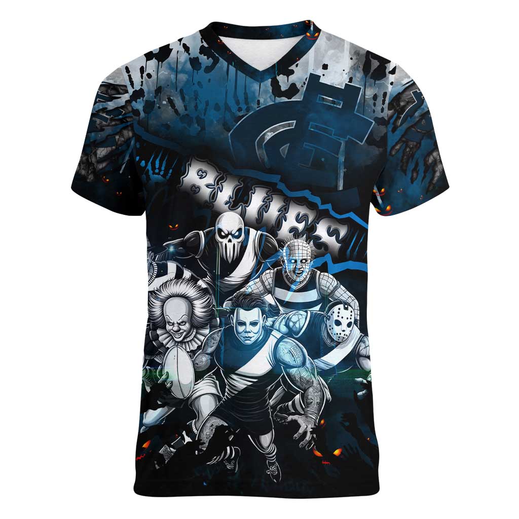 Step Into Horror Domain Blues Football Women V-Neck T-Shirt Halloween Horror Movie Characters - Aussie Hoodie