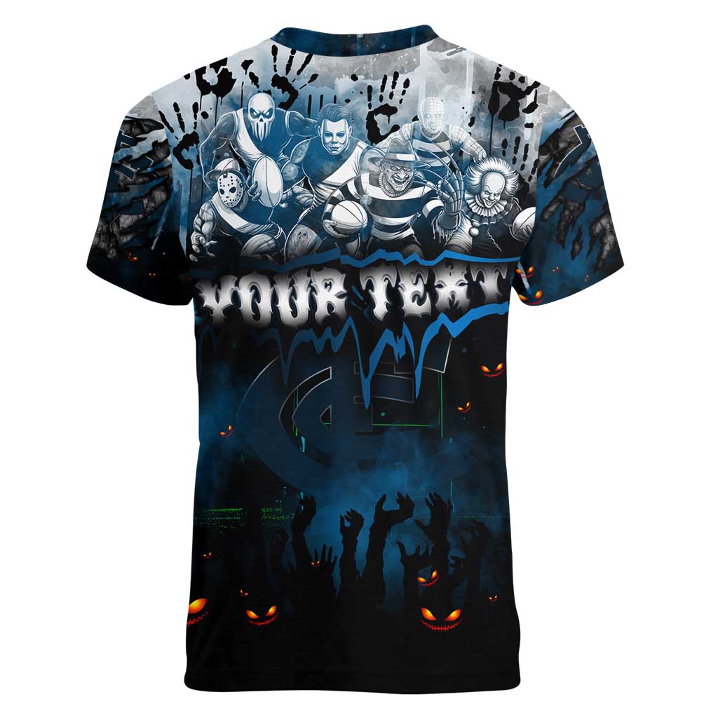 Step Into Horror Domain Blues Football Women V-Neck T-Shirt Halloween Horror Movie Characters - Aussie Hoodie