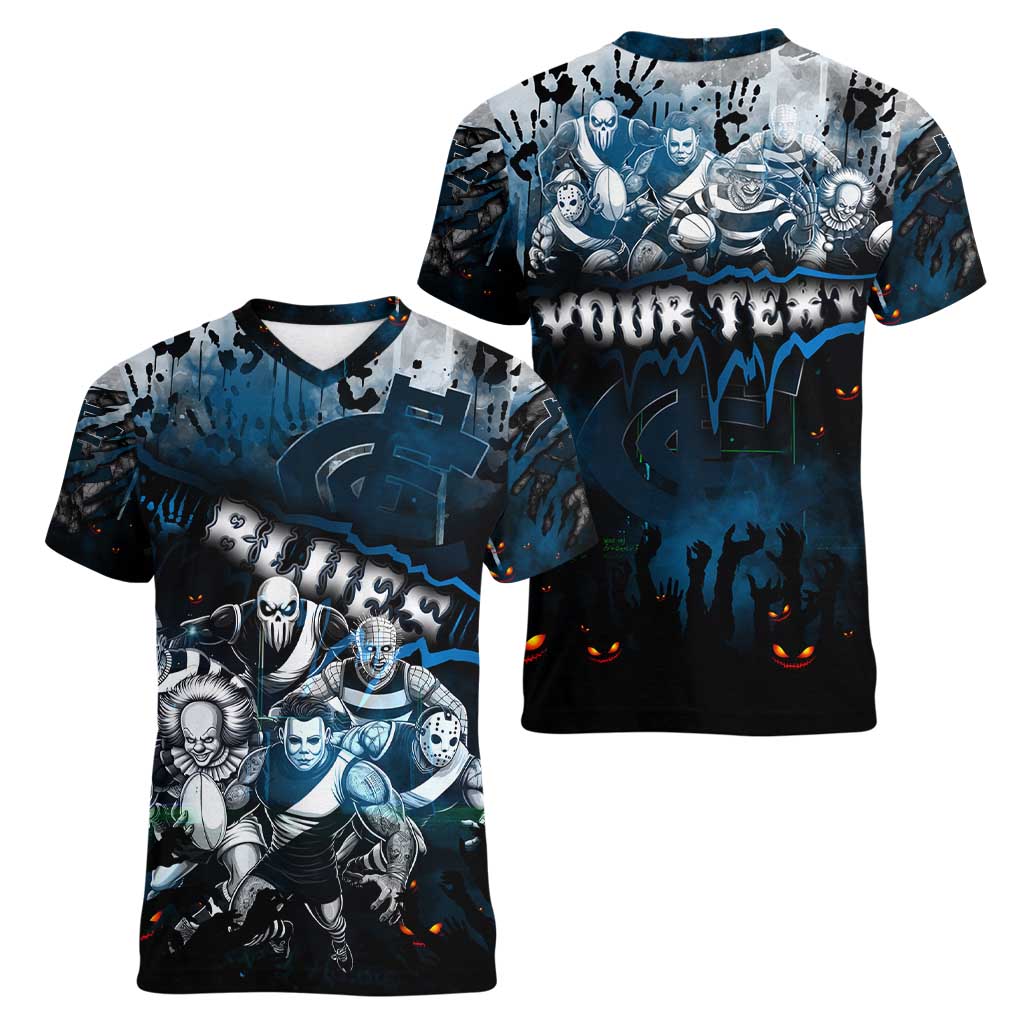 Step Into Horror Domain Blues Football Women V-Neck T-Shirt Halloween Horror Movie Characters - Aussie Hoodie