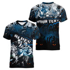 Step Into Horror Domain Blues Football Women V-Neck T-Shirt Halloween Horror Movie Characters - Aussie Hoodie