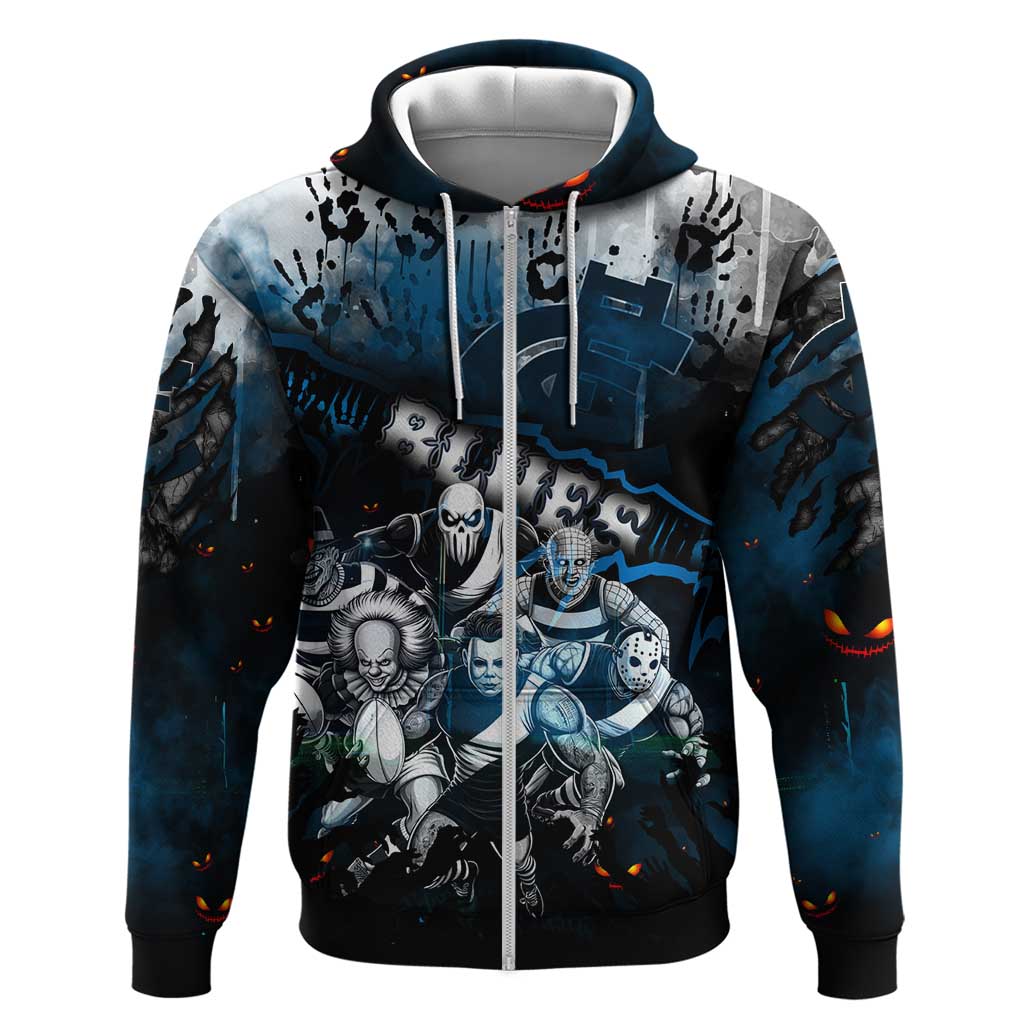 Step Into Horror Domain Blues Football Zip Hoodie Halloween Horror Movie Characters - Aussie Hoodie