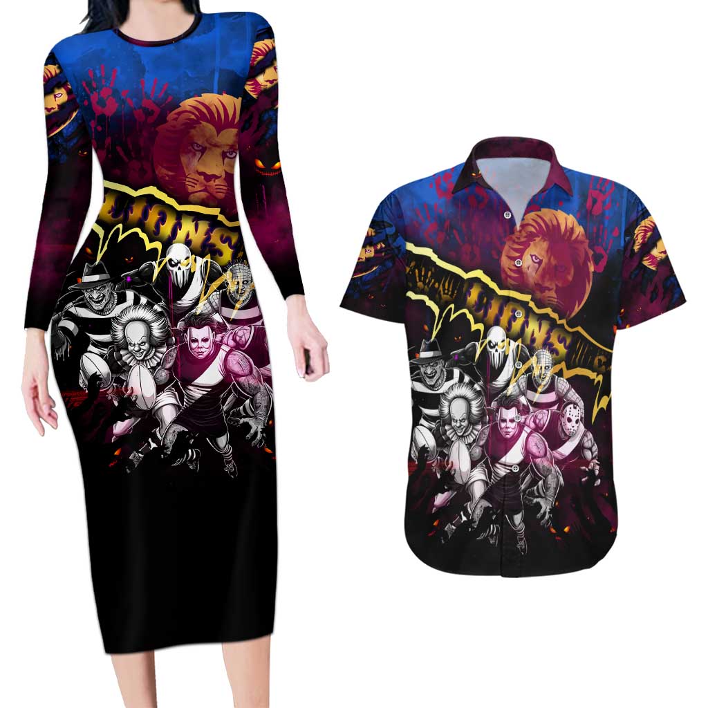Step Into Horror Domain Lions Football Couples Matching Long Sleeve Bodycon Dress and Hawaiian Shirt Halloween Horror Movie Characters - Aussie Hoodie
