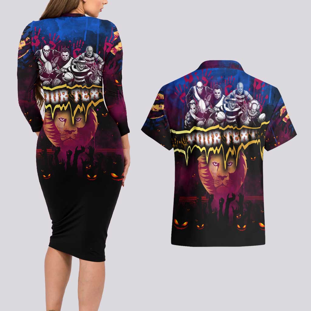 Step Into Horror Domain Lions Football Couples Matching Long Sleeve Bodycon Dress and Hawaiian Shirt Halloween Horror Movie Characters - Aussie Hoodie