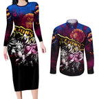 Step Into Horror Domain Lions Football Couples Matching Long Sleeve Bodycon Dress and Long Sleeve Button Shirt Halloween Horror Movie Characters - Aussie Hoodie