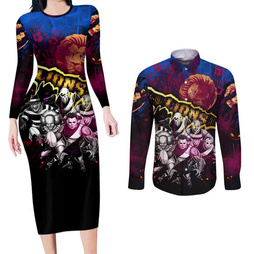 Step Into Horror Domain Lions Football Couples Matching Long Sleeve Bodycon Dress and Long Sleeve Button Shirt Halloween Horror Movie Characters - Aussie Hoodie