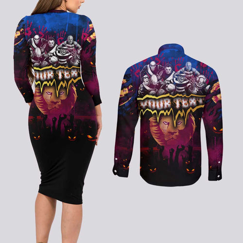Step Into Horror Domain Lions Football Couples Matching Long Sleeve Bodycon Dress and Long Sleeve Button Shirt Halloween Horror Movie Characters - Aussie Hoodie