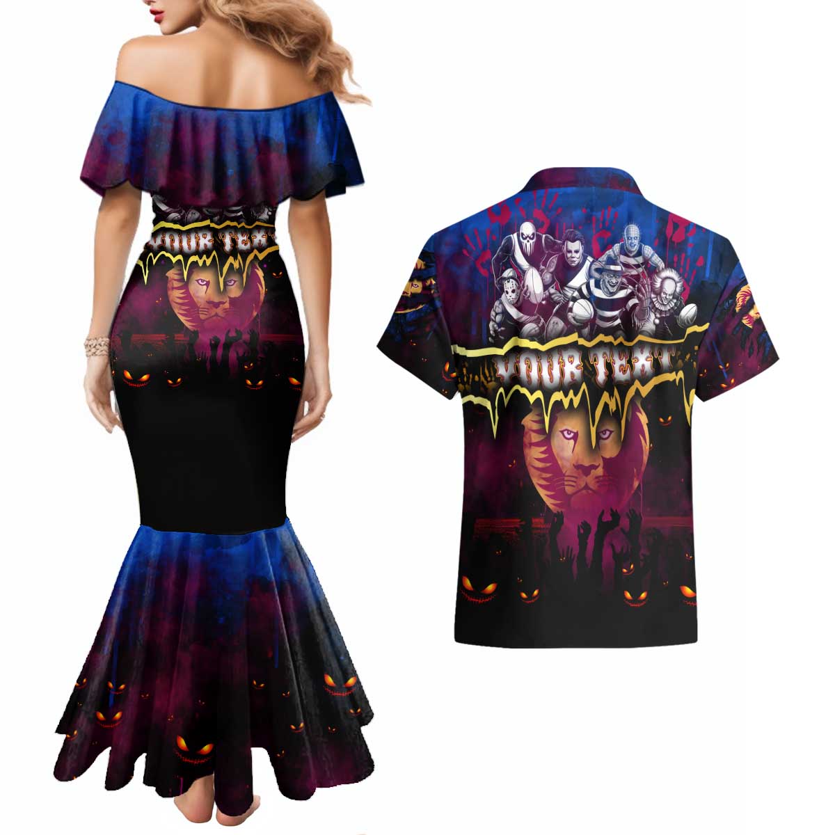 Step Into Horror Domain Lions Football Couples Matching Mermaid Dress and Hawaiian Shirt Halloween Horror Movie Characters - Aussie Hoodie