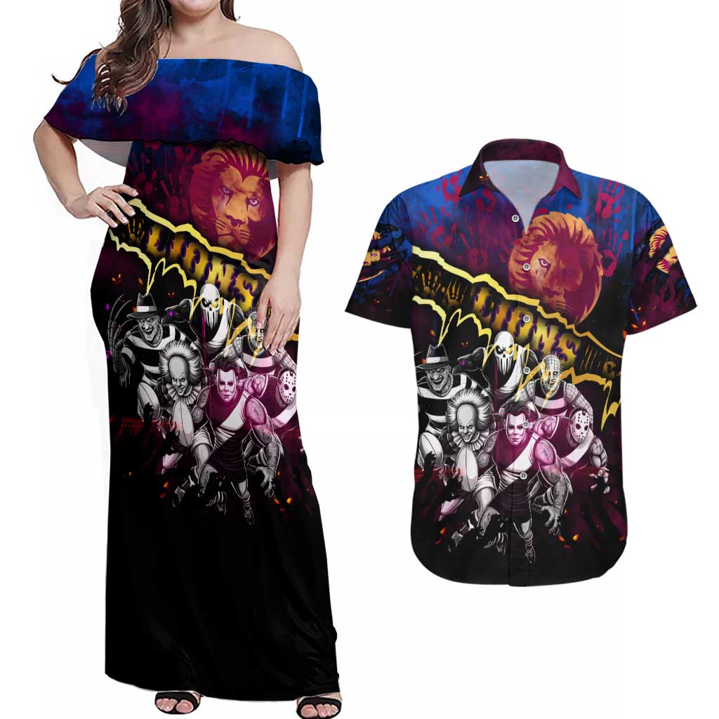 Step Into Horror Domain Lions Football Couples Matching Off Shoulder Maxi Dress and Hawaiian Shirt Halloween Horror Movie Characters - Aussie Hoodie