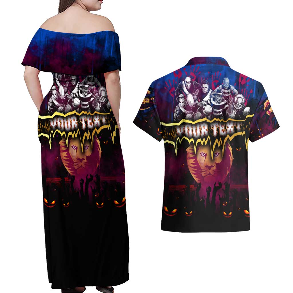 Step Into Horror Domain Lions Football Couples Matching Off Shoulder Maxi Dress and Hawaiian Shirt Halloween Horror Movie Characters - Aussie Hoodie