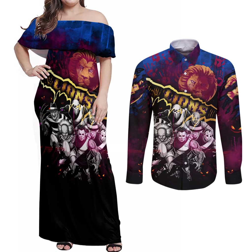 Step Into Horror Domain Lions Football Couples Matching Off Shoulder Maxi Dress and Long Sleeve Button Shirt Halloween Horror Movie Characters - Aussie Hoodie