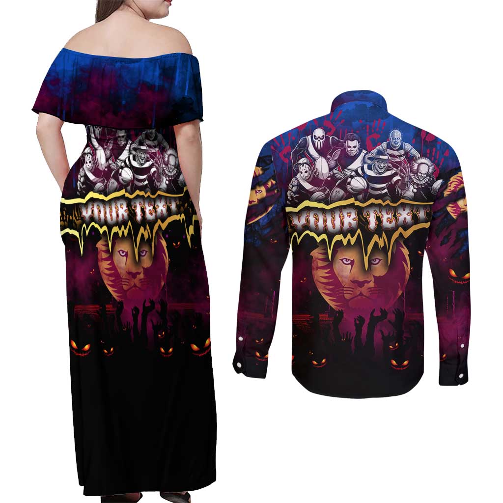 Step Into Horror Domain Lions Football Couples Matching Off Shoulder Maxi Dress and Long Sleeve Button Shirt Halloween Horror Movie Characters - Aussie Hoodie