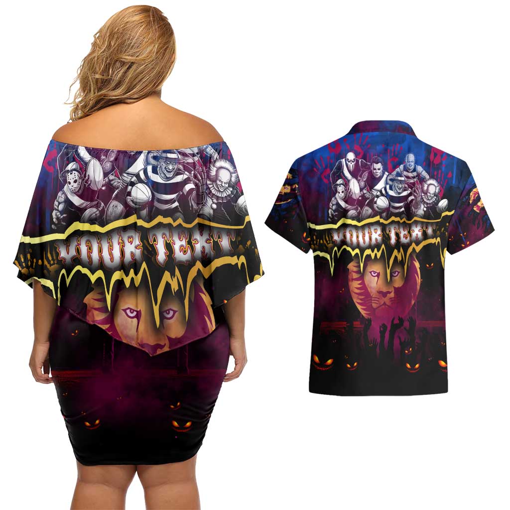 Step Into Horror Domain Lions Football Couples Matching Off Shoulder Short Dress and Hawaiian Shirt Halloween Horror Movie Characters - Aussie Hoodie
