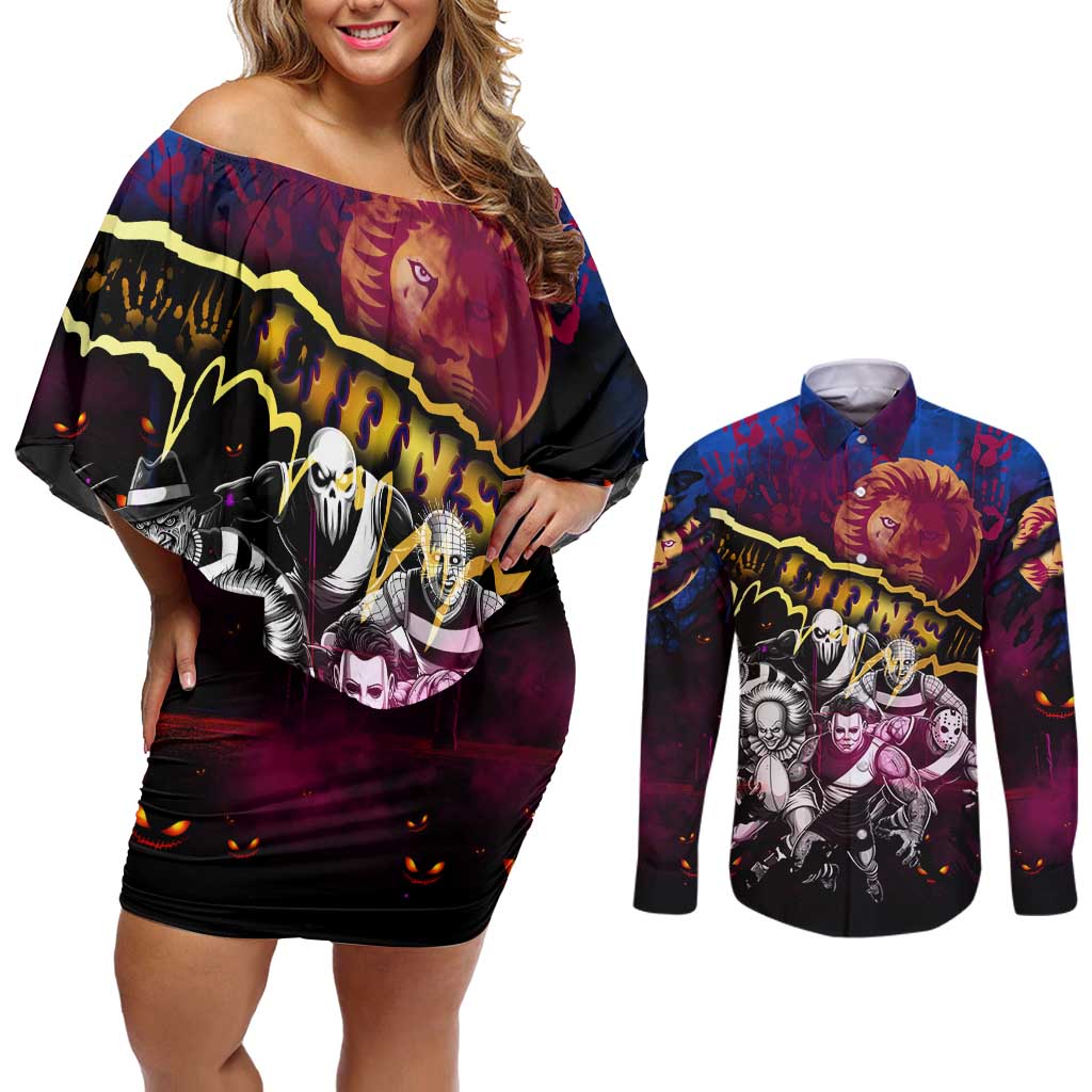 Step Into Horror Domain Lions Football Couples Matching Off Shoulder Short Dress and Long Sleeve Button Shirt Halloween Horror Movie Characters - Aussie Hoodie