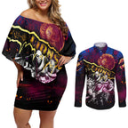 Step Into Horror Domain Lions Football Couples Matching Off Shoulder Short Dress and Long Sleeve Button Shirt Halloween Horror Movie Characters - Aussie Hoodie