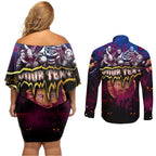 Step Into Horror Domain Lions Football Couples Matching Off Shoulder Short Dress and Long Sleeve Button Shirt Halloween Horror Movie Characters - Aussie Hoodie
