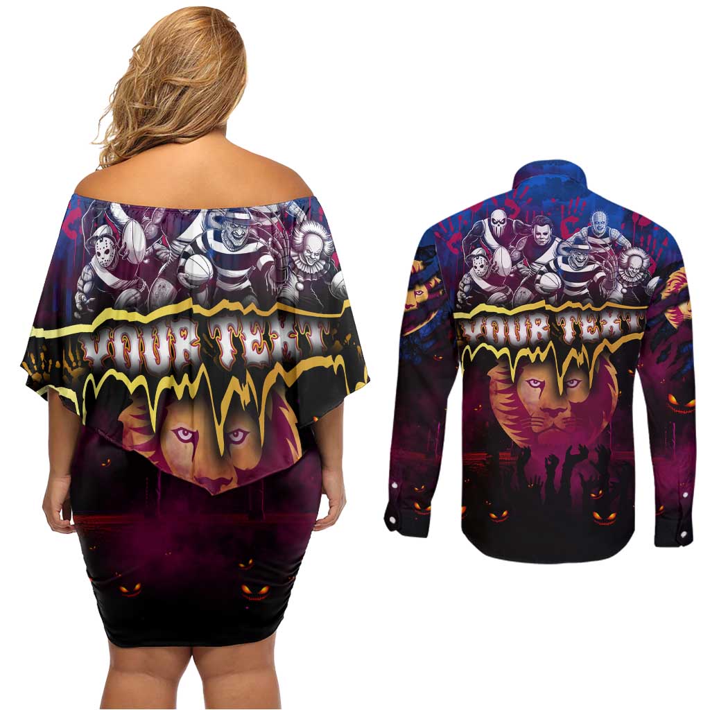 Step Into Horror Domain Lions Football Couples Matching Off Shoulder Short Dress and Long Sleeve Button Shirt Halloween Horror Movie Characters - Aussie Hoodie