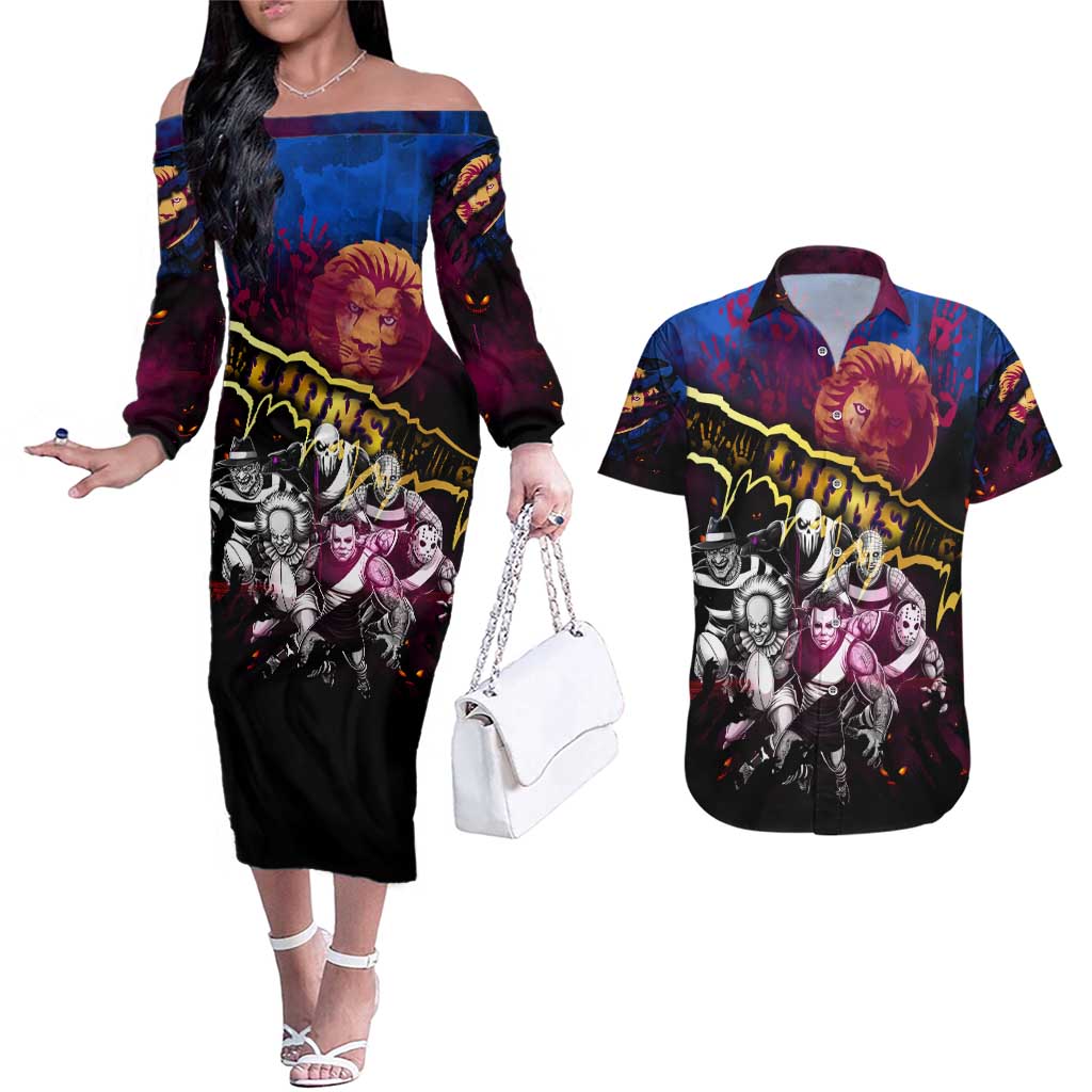 Step Into Horror Domain Lions Football Couples Matching Off The Shoulder Long Sleeve Dress and Hawaiian Shirt Halloween Horror Movie Characters - Aussie Hoodie