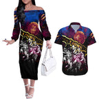 Step Into Horror Domain Lions Football Couples Matching Off The Shoulder Long Sleeve Dress and Hawaiian Shirt Halloween Horror Movie Characters - Aussie Hoodie