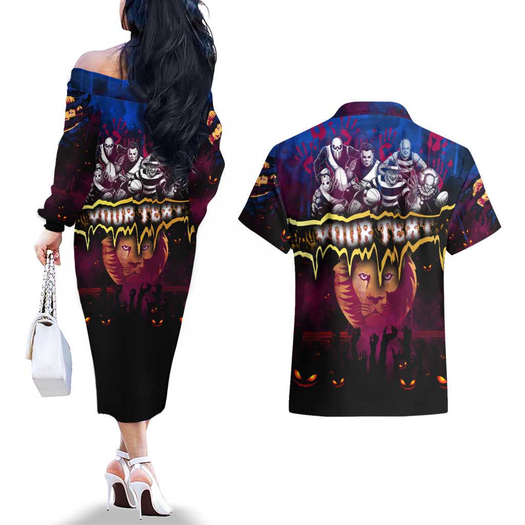 Step Into Horror Domain Lions Football Couples Matching Off The Shoulder Long Sleeve Dress and Hawaiian Shirt Halloween Horror Movie Characters - Aussie Hoodie