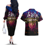 Step Into Horror Domain Lions Football Couples Matching Off The Shoulder Long Sleeve Dress and Hawaiian Shirt Halloween Horror Movie Characters - Aussie Hoodie