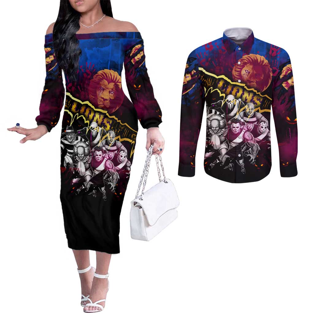 Step Into Horror Domain Lions Football Couples Matching Off The Shoulder Long Sleeve Dress and Long Sleeve Button Shirt Halloween Horror Movie Characters - Aussie Hoodie