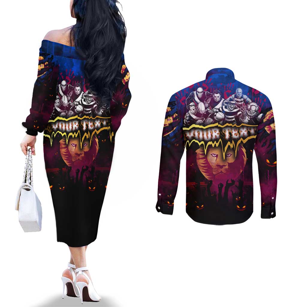 Step Into Horror Domain Lions Football Couples Matching Off The Shoulder Long Sleeve Dress and Long Sleeve Button Shirt Halloween Horror Movie Characters - Aussie Hoodie