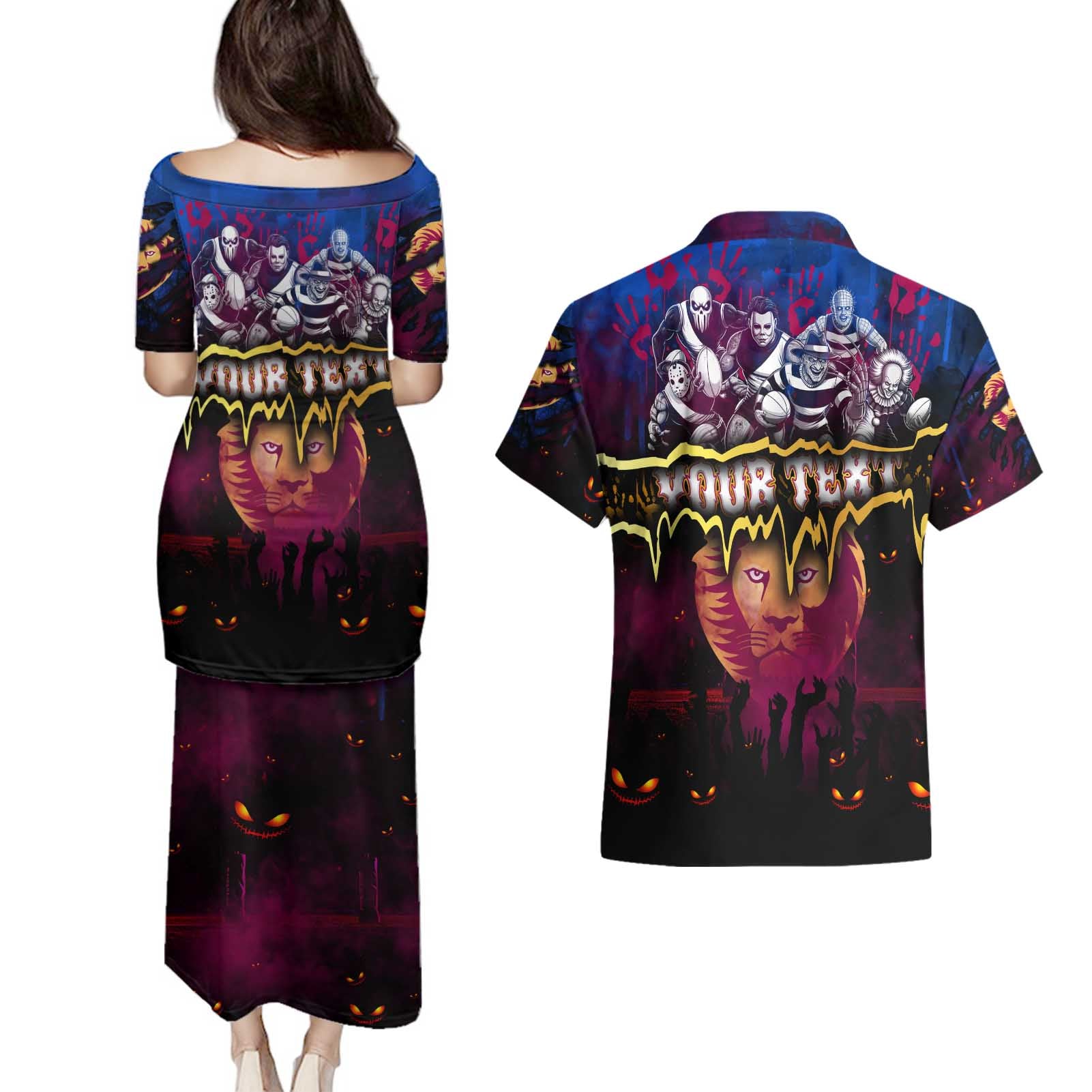 Step Into Horror Domain Lions Football Couples Matching Puletasi and Hawaiian Shirt Halloween Horror Movie Characters - Aussie Hoodie