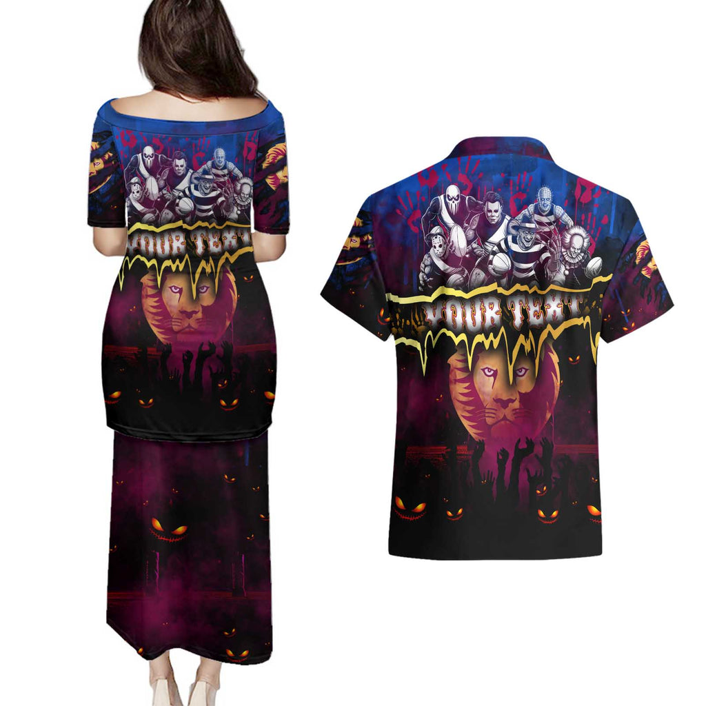 Step Into Horror Domain Lions Football Couples Matching Puletasi and Hawaiian Shirt Halloween Horror Movie Characters - Aussie Hoodie